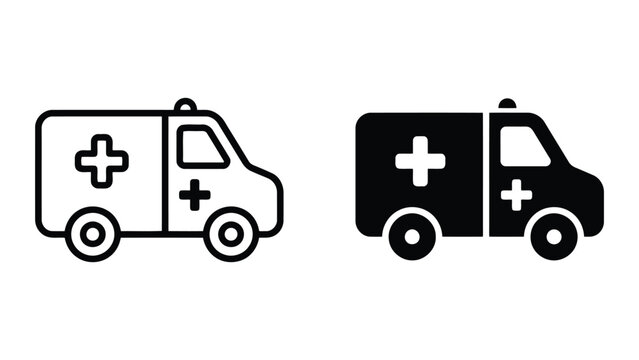 Ambulance emergency vehicle icon set in outline and solid black styles for medical transport and hospital service UI design elements isolated on white background