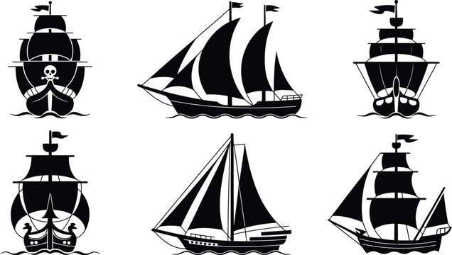 Vintage Pirate Sailing Ships Silhouette Vector Set