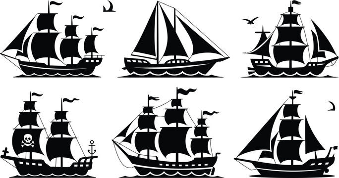 Vintage Pirate Sailing Ships Silhouette Vector Set