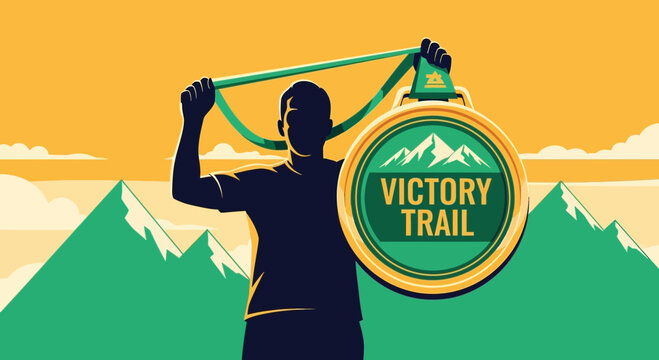 Triumphant Trail Runner Celebrating Medal Victory Amongst Majestic Mountain Scenery