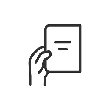 Hand holding document, linear style icon. Document review and information handling. Editable stroke width