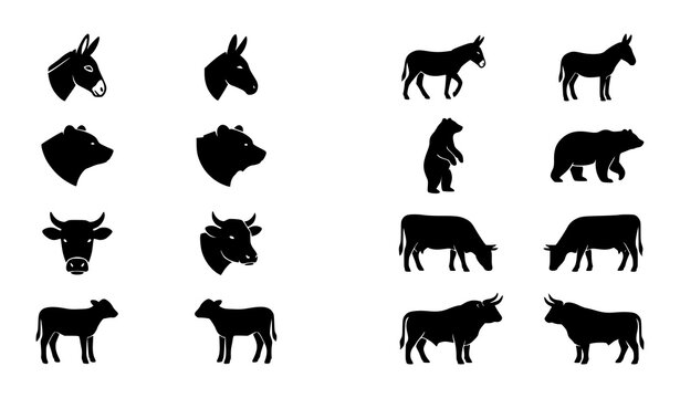 Black Animal Silhouette Collection with Donkey Bear Cow Bull and Livestock Wildlife Icons Vector Set