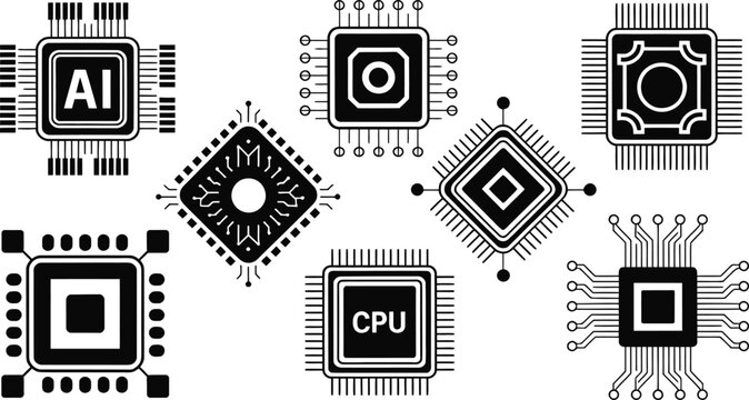 Computer CPU microchip circuit icon set vector