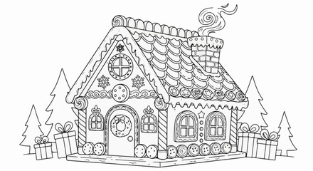 Obraz premium A line art drawing of a detailed gingerbread house adorned with festive decorations