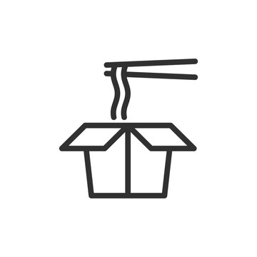Noodles in takeaway box with chopsticks, linear style icon. Asian fast food and street cuisine. Editable stroke width