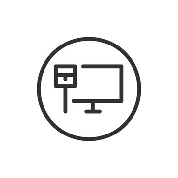 Monitor with internet cable in circle, linear style icon. Network connection and computer setup. Editable stroke width