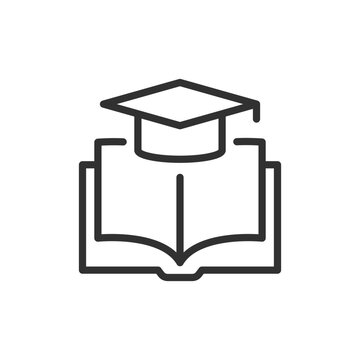 Open book with graduation cap, linear style icon. Education and academic learning. Editable stroke width
