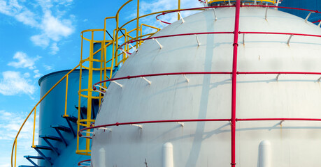 Industrial gas storage tank. LNG or liquefied natural gas storage tank. Spherical Gas reservoirs in petroleum refinery. Above-ground storage tank. Natural gas storage industry. Ball shape lpg tank. © Fahroni