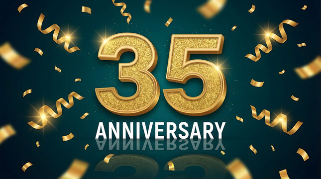 Golden 35th anniversary celebration with confetti and ribbons on dark green background