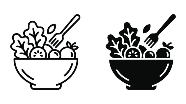 Fresh salad bowl with fork icon in outline and solid vector styles for healthy eating apps nutrition tracking platforms and restaurant menu design assets