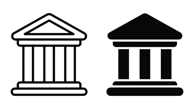 Classic bank building icon set with pillars in clean outline and solid black graphic styles for financial services business apps government websites and investment banking branding design elements