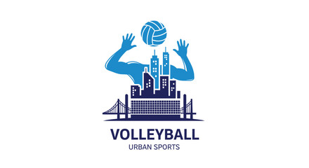 Naklejka premium Volleyball Logo Design Featuring City Skyline, Sports Emblem And Urban Landscape Concept