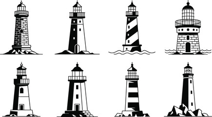 Obraz premium Nautical lighthouse silhouette set icon vector