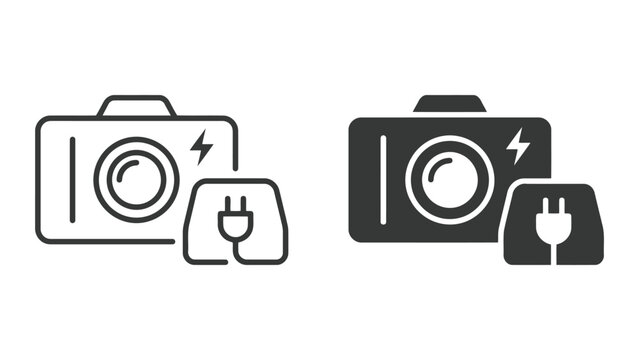 Camera with charging cable icon set for battery power concepts in outline and solid black vector style