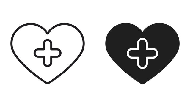 Heart shape with medical cross icon for healthcare hospital or first aid symbols in outline and solid vector styles for medical interface design and emergency service branding