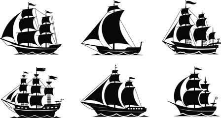 Vintage sailing ship silhouette icon set vector © Ahamedpicu