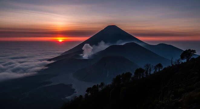 Majestic Sunrise Over Active Volcano and Sea of Clouds in a Dramatic Mountain Landscape