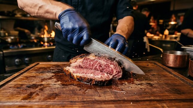 Chef Slicing Prime Beef Ribeye Steak on Wooden Cutting Board in Restaurant Kitchen.