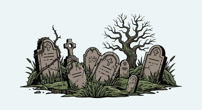 A spooky graveyard scene with weathered headstones and a gnarled, bare tree