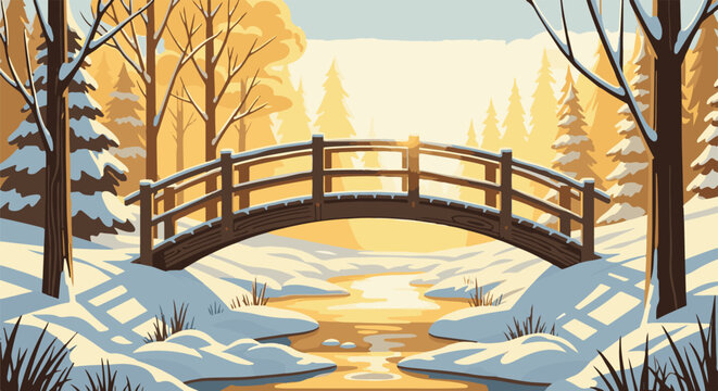 A snow-covered bridge arches over a gentle stream in a warm, golden forest