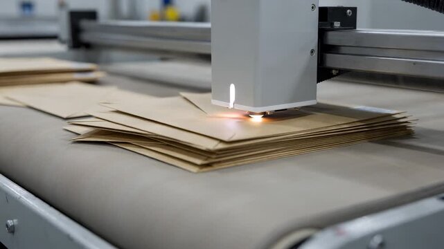 Medium shot of a thickness sensor measuring envelope layers as they move on a conveyor ensuring consistent quality and identifying irregularities in the manufacturing process
