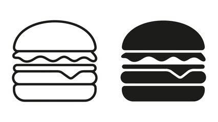 Fototapeta premium Gourmet cheeseburger food icon set featuring minimalist outline and solid black graphic styles for restaurant menus fast food branding mobile applications and food delivery service digital assets