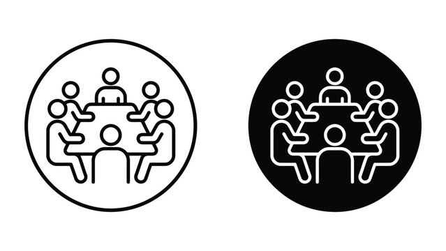 Business team meeting icon set in linear and flat black style for corporate collaboration and office communication interface design elements isolated on white background