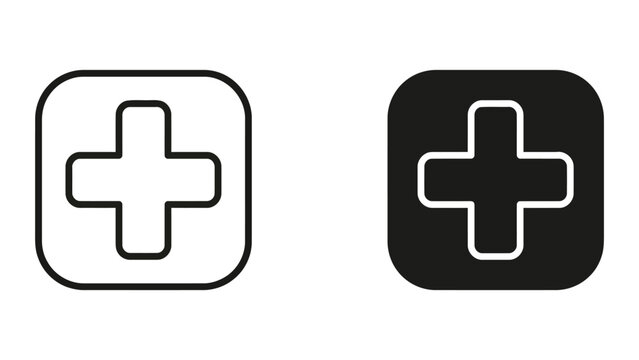 Medical cross in rounded square box icon set representing healthcare services and first aid station location