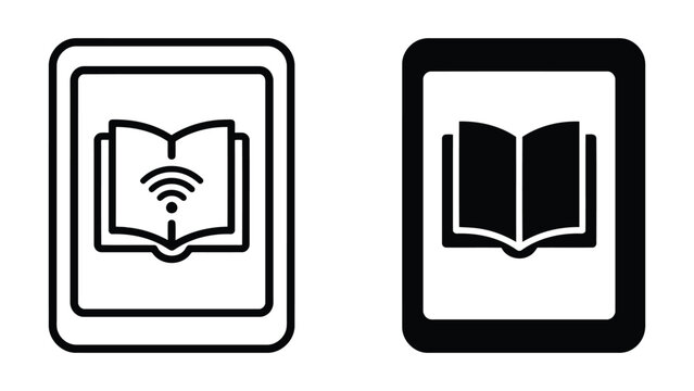 Digital ebook reader icon set in linear and flat black style for online library and digital book reading app interface design elements isolated on white background