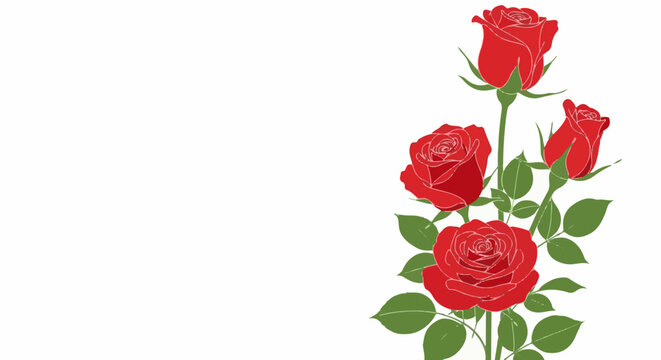 A cluster of four vibrant red roses with green leaves on white background