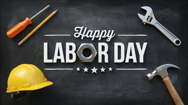 Labor day greeting card with construction tools on a chalkboard background
