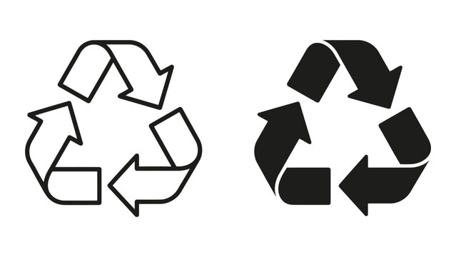 Recycle symbol icon set featuring circular arrow outline and solid black sustainability design symbols for eco-friendly and waste management projects isolated on white background