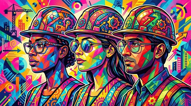 Diverse team of engineers and architects in colorful pop art style