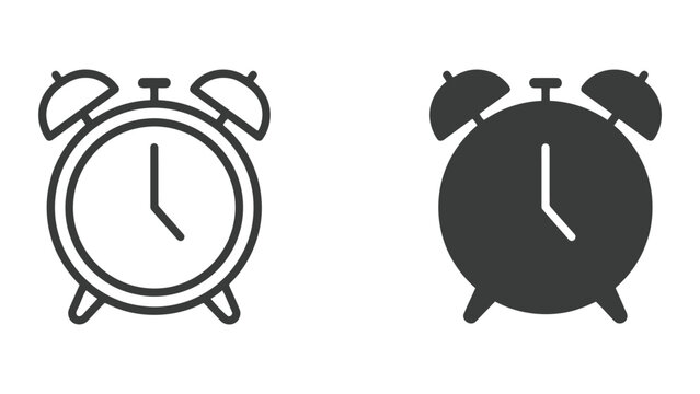 Retro alarm clock in outline and solid vector icon style for time management apps and productivity scheduling tools featuring classic bell ringer symbol for business and personal organization design