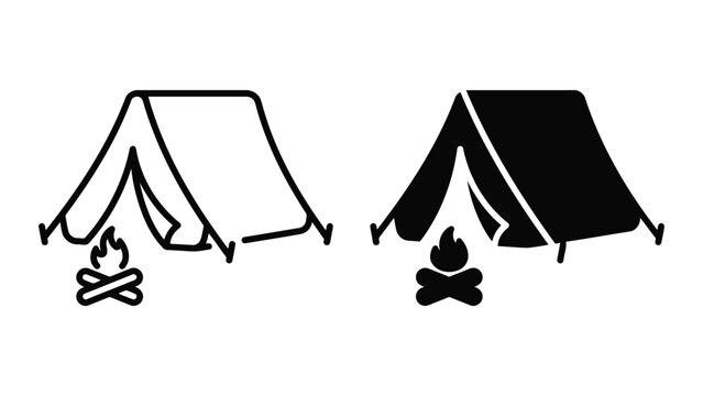 Camping tent and campfire icons in outline and solid vector design styles for adventure and outdoor recreation concepts