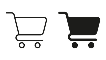 Shopping cart icon set in simple outline and solid black vector design for e-commerce and retail mobile application interface elements isolated on white background for online store shopping experience © SAIJID