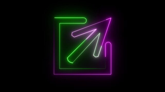 A neon icon of an arrow pointing outwards from a square, symbolizing an external link or open in new window. on black background.