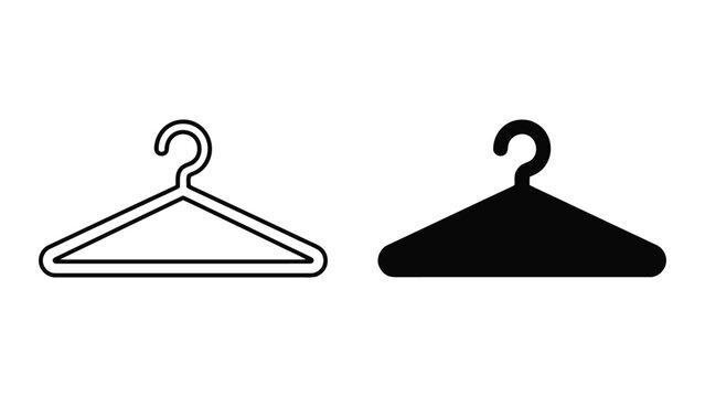 Clothes hanger icon set featuring thin line art and solid black silhouette styles for apparel and retail fashion branding design