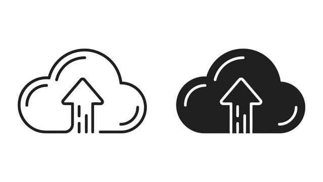Cloud upload icons with arrow symbol in outline and solid vector styles for file transfer and cloud storage design elements isolated on white background