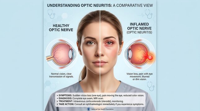 Medical Infographic Comparing Healthy and Inflamed Optic Nerve for Optic Neuritis Education