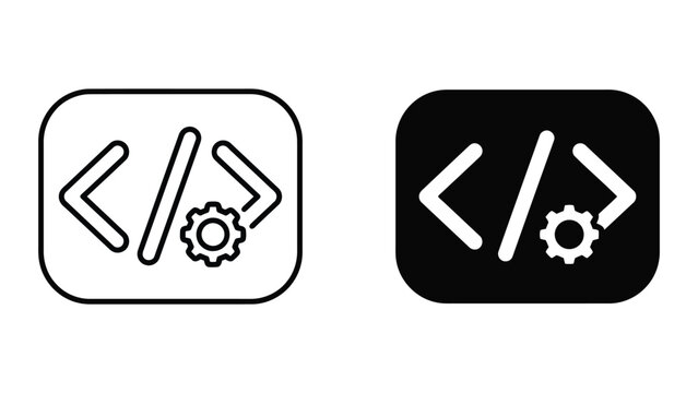 Programming code brackets with integrated gear icon for software development and technical coding configuration vector icon set