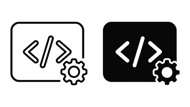 Programming code interface window with gear settings icon for web development and software customization conceptual vector icon set