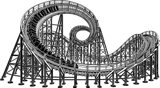 Curving wooden roller coaster track with metal supports in black and white flat illustration style isolated on white background
