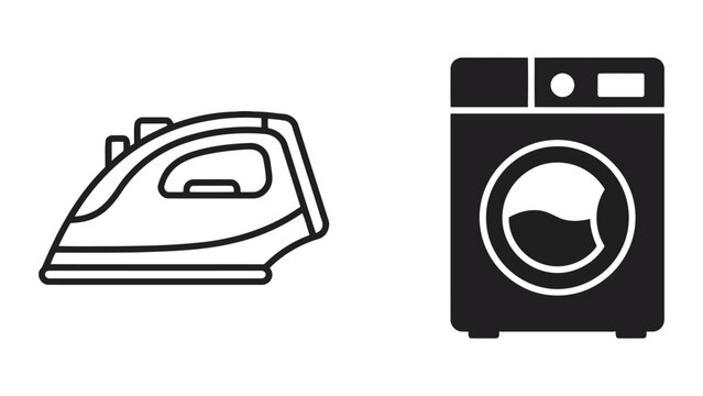Household appliances icon set featuring clothes iron and washing machine in black and white styles