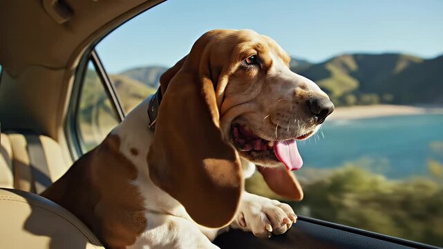 Happy Basset Hound Dog Enjoying a Car Ride with Ocean View.