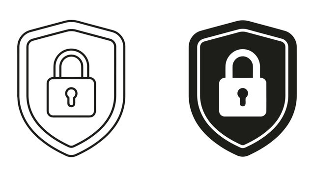 Shield with keyhole icons in outline and solid black styles for data security and privacy protection and secure login website interface design for user authentication and digital safety systems
