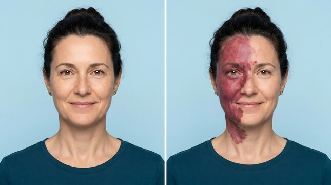 Split screen portrait of a woman showing a facial birthmark and clear skin for dermatological comparison