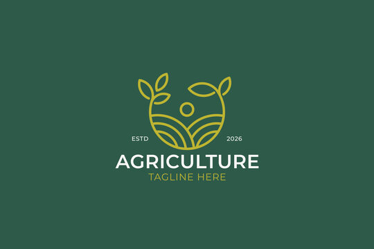 modern agriculture logo design template with minimalist lineart farm field sun and green leaves for organic eco friendly business