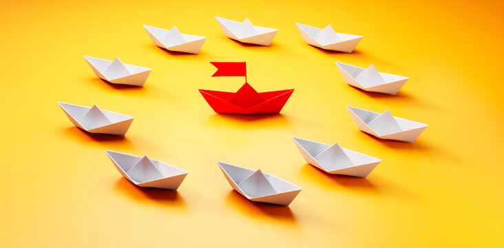 Group of  white paper boats with red leader in the middle on yellow background - 3D illustration