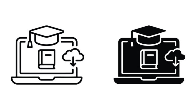 Online education and learning icon set with laptop and graduation cap for digital classroom and e-learning platforms
